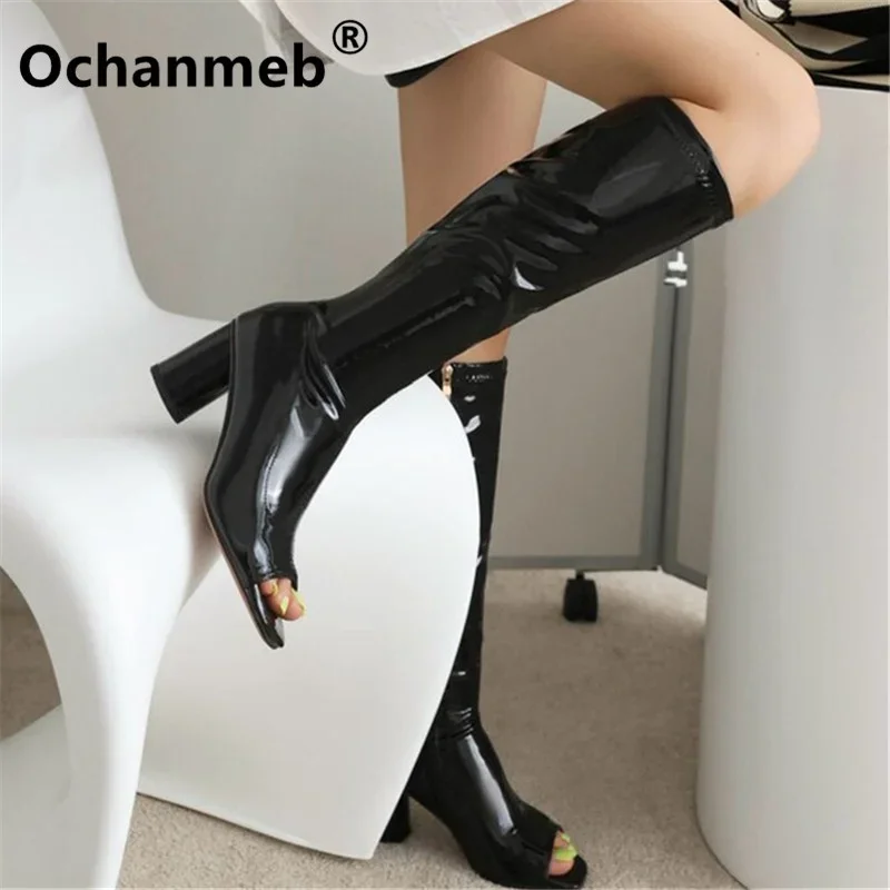 Ochanmeb Patentské kožené kožené topánky Ženy Peep Toe Zipper Rose červené biele bloky vysoké podpätky Otvorené špičky Jeseň Spring 33-46