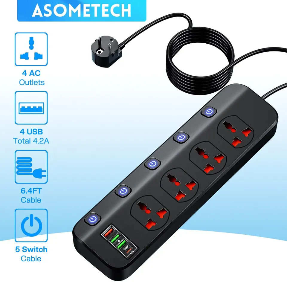 Ochrana preťaženia elektrického pásu s rozlohou 2500 W so 4 Universal Socket 5 Swich 4 nabíjacie porty USB USB C Nabíjačka 1,97 m predlžovací kábel