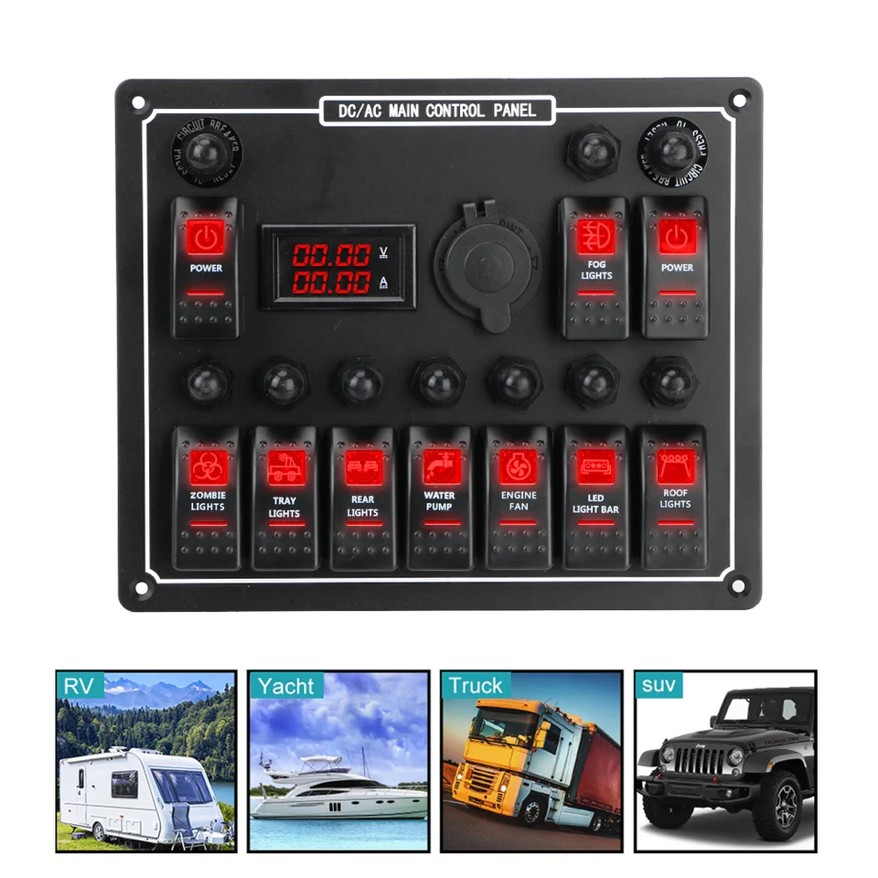 Ochrana proti preťaženiu 10 Gang Rocker Switch Panel Vodotesný automobil Automatické námorné LED LED AC/DC 15A DC Výstup Duálne ovládanie výkonu