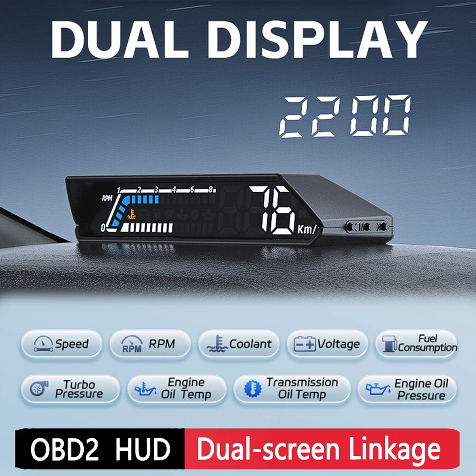 ODB Multifunkčný automobil Dvojitá displej Displej Smart Head Up Displej prevodovky Monitorovanie teploty oleja ODB2 HUD