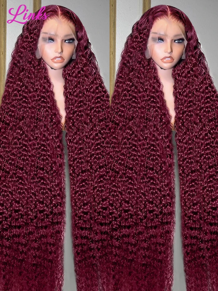 Odkazy 40 palcov 99J Burgundska Deep Wave 13x6 HD Lace Lace Front Parochňa 250% červená farba kučeravých kučeravých čarovných čelných vlasov pre ženy pre ženy