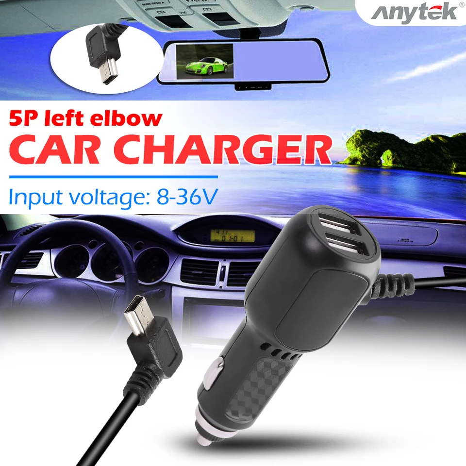 Odolné prenosné nabíjačka fotoaparátu DVR pre AnyTek Dash Camera 3,5 m 5V 3A zakrivená mini USB Car nabíjačka s 2 USB port