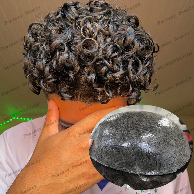 Odolný 20 mm kučeravá prírodná vlasová línia plná PU základňa čierni muži ľudské vlasy Toupee tmavo hnedé vlasy protéza systému kapilárne parochne