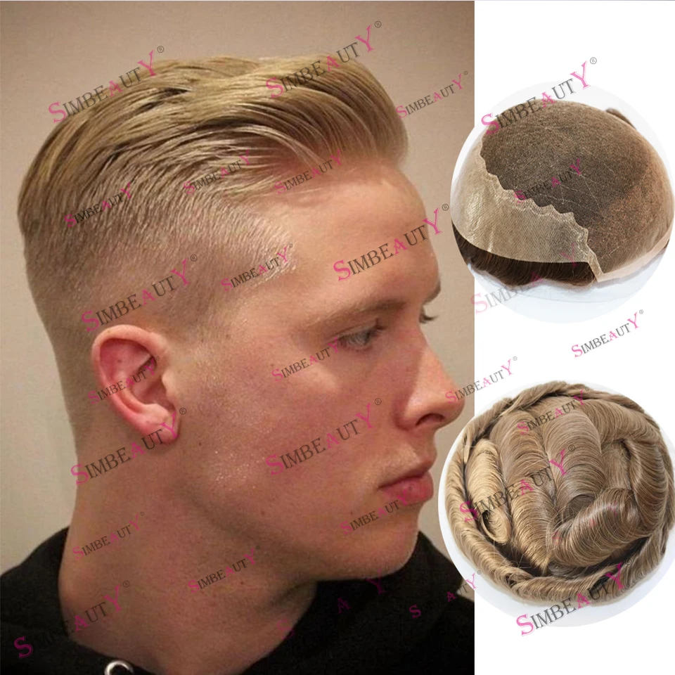Odolný q6 blondínka super tenký muž toupee priedušná čipka parochňa sivá čierna