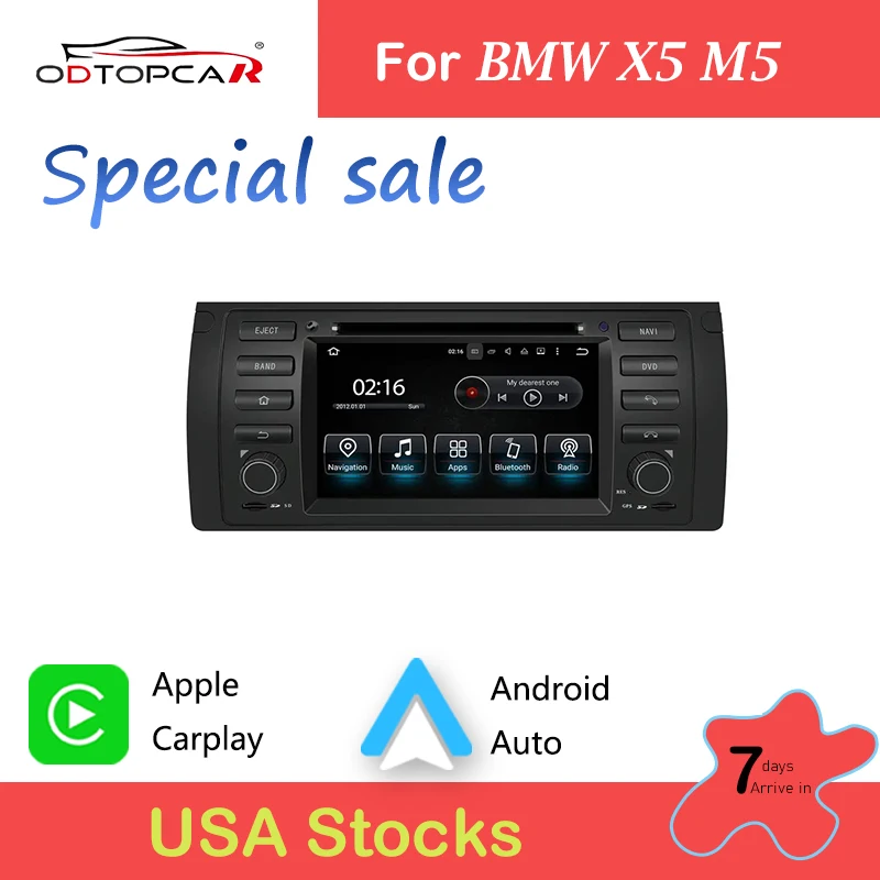 ODTOPCAR 7 ”dotyková obrazovka DVD Apple CarPlay Android Auto GPS navigácia pre BMW Stereo E39 M5 X5 E53 530i Rádio Upgrade Head Unit