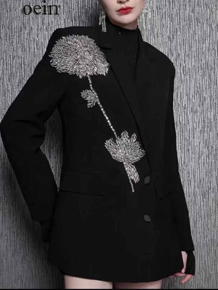 [OEIN] 2024 Diamond Incrustbed Suck Jacket pre ženy, navrhnutý jar a jeseň, lesklá čierna farba a voľná a elegantná