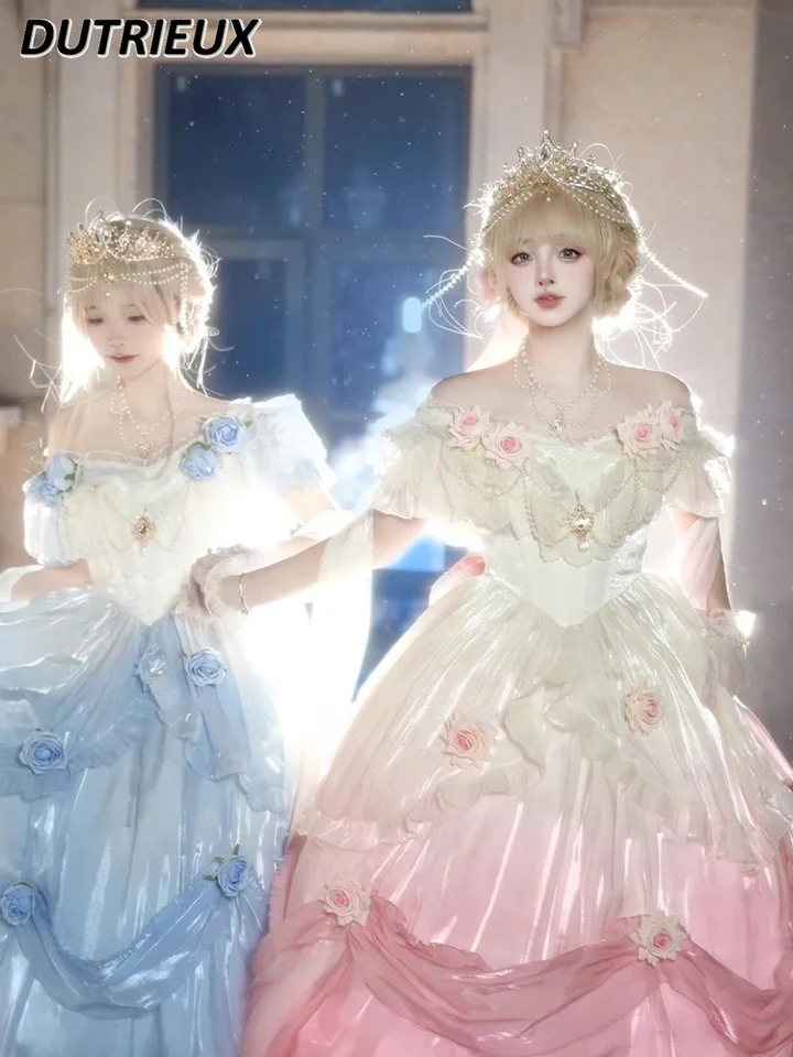 Off-Ramen Sladká princezná dlhé šaty Lolita Elegantný ťažký priemysel High Pase Svadobná strana Svadobná strana Puffy Maxi Šaty