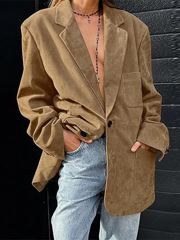 Office Lady Blazer Coat Fashion Brown Single Breased Suede Ženy Ženy Vintage Jeseň s dlhým rukávom, otočený golier