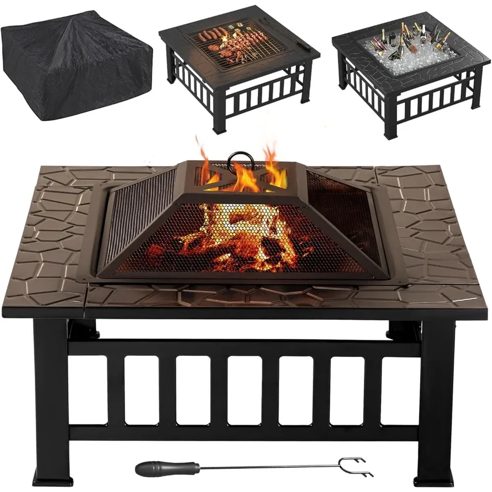 Ohnivá jama 32 palcovej terasy štvorcový kovový ohnisko s krytom poker a rošt Wood Burning Fireplace Backyard Stover