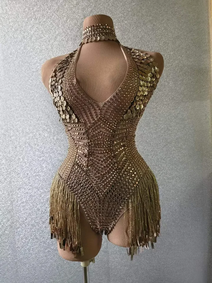 Ohromujúce zlaté strapce ženy Crystals BodySuits Birthday Drag Queen outfit Performance Performance Costy oslávi