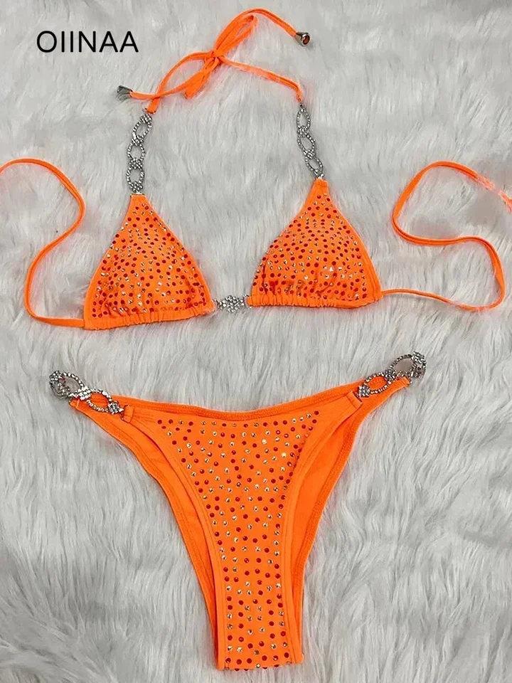 Oiinaa Sexy plavky Ženy Ženy lesklý plaviek halter luxusné diamanty Bikiny súpravy s dvoma kusmi šnurované plavky Split Black Biquinis