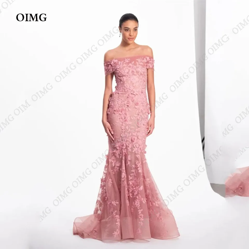 Oimg Pink Lace Tulle Večerné šaty s plným rukávom Morská panna Formálne plesové šaty dĺžky dĺžky večierkových večierkov 2024