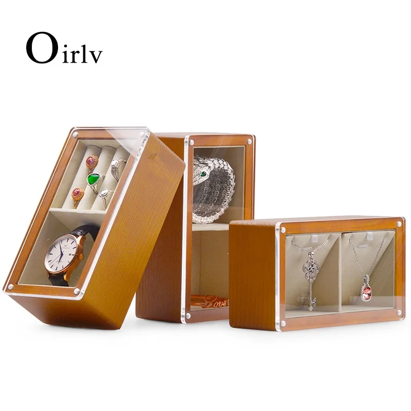 Oirlv Drevené šperky Storage Box s čírym vekom malého kontajnera Malé drevo s šperkami Display puzdro krabica drevené šperky Organizátor