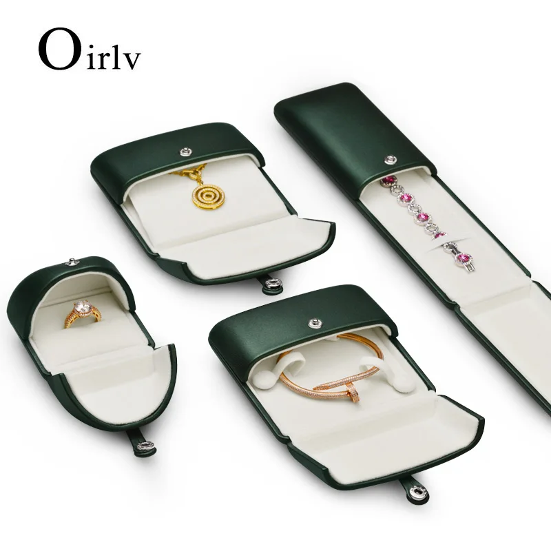 Oirlv šperky balenie balenie Snap-Fastener Pu Leather Green Jewelry Boxes Green Ring Box Organizátory Organizátory náramok na náramok