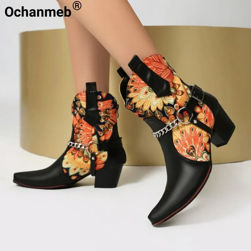 Okanmeb ženy paisley patchwork moderné topánky červené ružové kovové retiazky pracky topánky biele kvetinové šijacie päty Trend dámske topánky
