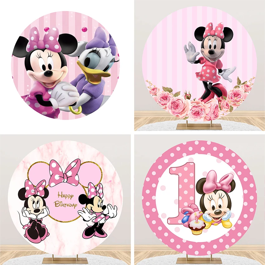 Okrúhle kruhové fotografie pozadie Minnie Mouse ružové kvety dievčatá narodeninové oslavy pre bábätká