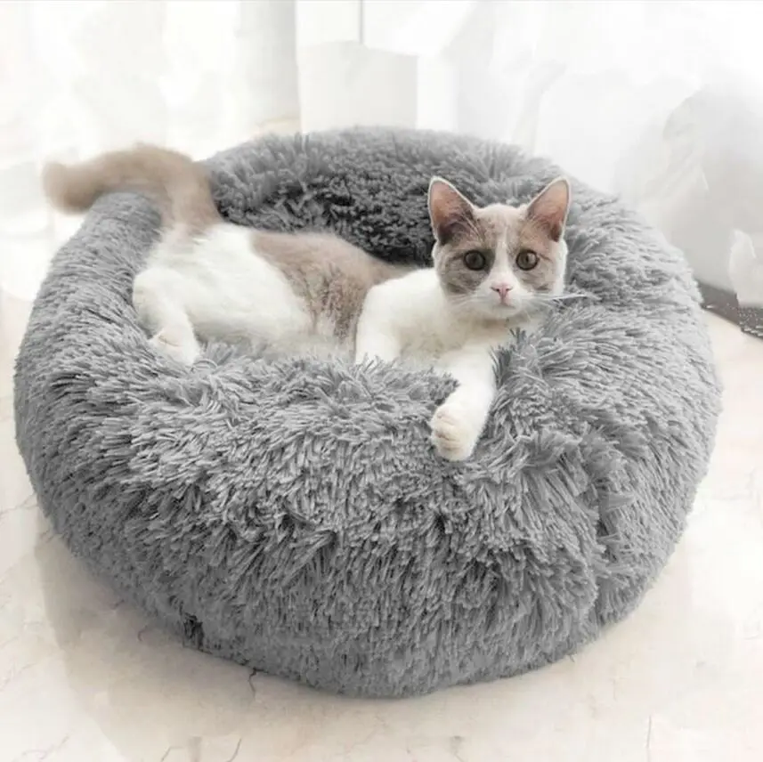 Okrúhle mačky postele Pet posteľ super mäkká mačka posteľ dlhý plyšový psík dom pre malého psa vankúšiky chovateľská stanica zima teplá spánková mačka hniezdo pohovka