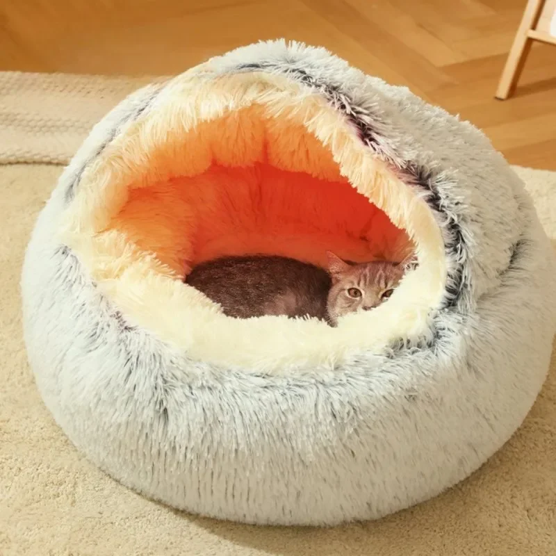 Okrúhle plyšové mačacie posteľ polopreté na piene