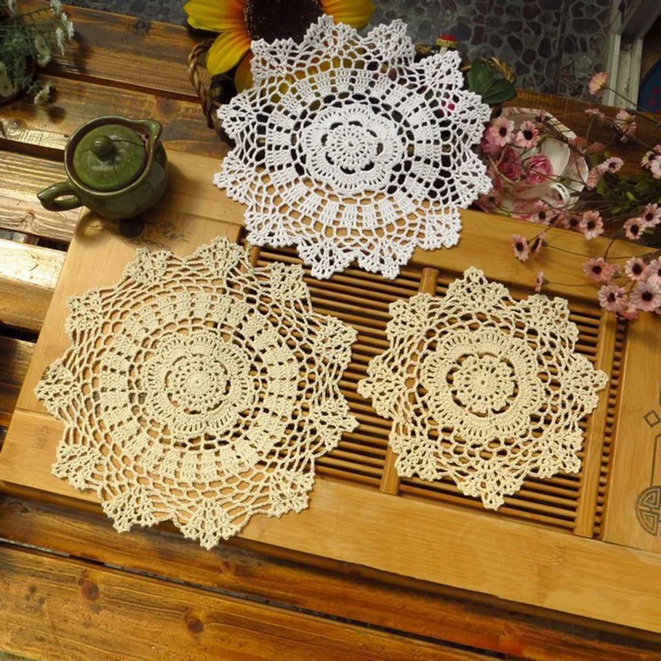 Okrúhle ruky háčkované vinobranie vintage šálka rohož z bavlneného stolového stola Place Mat Svadobné obrúsky s látkovými čipkami dekoratívne