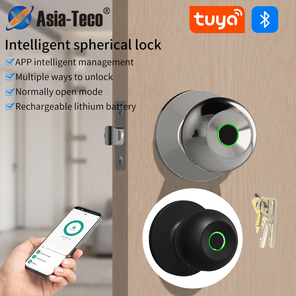 Okrúhly gombík Fingerprint Smart Electric Lock TUYA App Bluetooth Biometric Easy Explaint + Mechanical Key pre domácu kanceláriu hotel