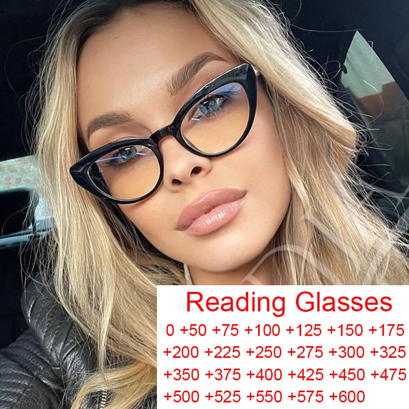 Okuliare na čítanie očí mačiek Anti Blue Light Women Black Vintage okuliare Glitter Rám Zavlákať okuliare pre počítačové manželky +1 +6