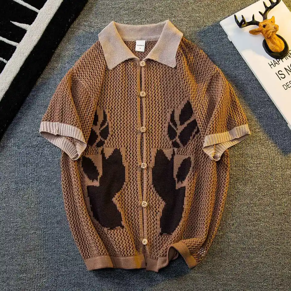 Oldyanup Vintage Jacquard Knit Tirls Men leto s krátkym rukávom pletené pletené sveter