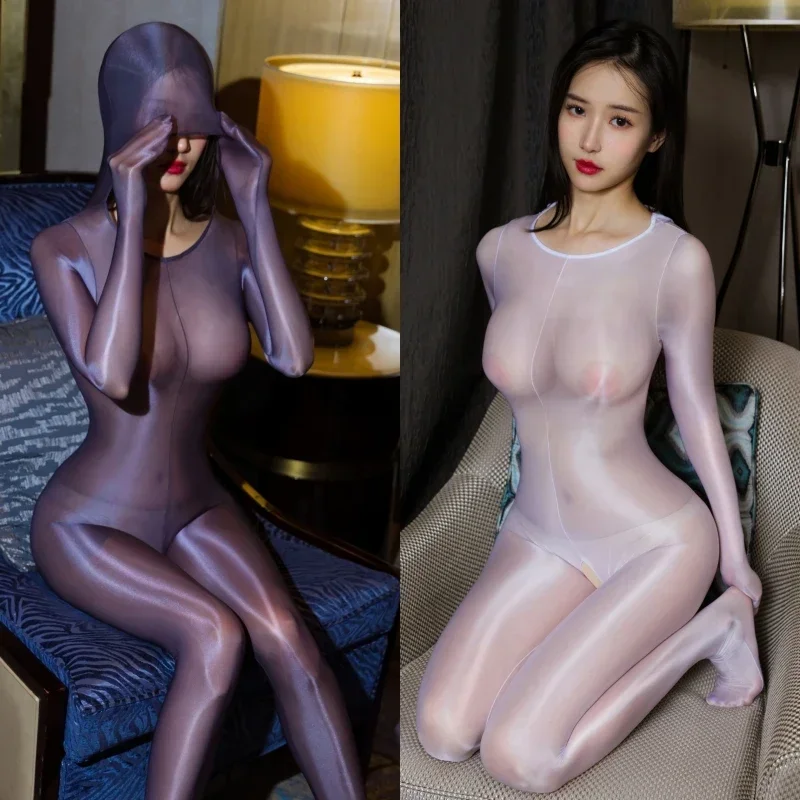 Olej lesklý priehľadný pančuchy s celkovým telom s klobúkom Ženy Sexy otvorené rozkroky kombinézy BodySuit for Sex Nightwear Lingerie