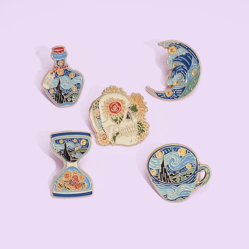 Olejomaľba Art Smalt Pin lebka Slnečnica Moon Moon Wave Van Gogh olejomaľba hviezdna obloha Romantická brošňa Doplnky kovový odznak