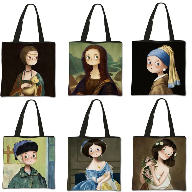 Olejomaľba dievčatka taška na rameno, ženská voľný čas, kabelka pláž pláž, taška, taška, vtipná Mona Lisa cosplay skladacia taška