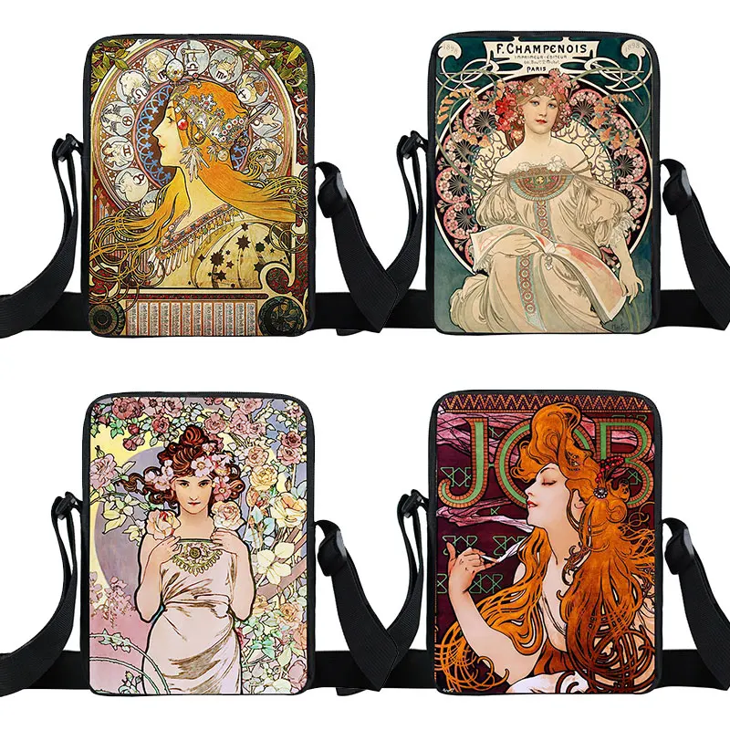 Olejomaľba od Alphonse Mucha Print Crossbody Bag Wensen Men Messenger Bags Telefón ID karta kľúča kľúče držiak na rameno kníhku
