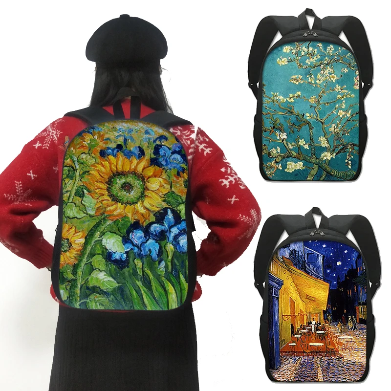 Olejomaľba slzy Kiss Water Water Lilies Starry Night Batoh Gustav Klimt Claude Monet Van Gogh Student Bookbags Dievčatá laptop tašky