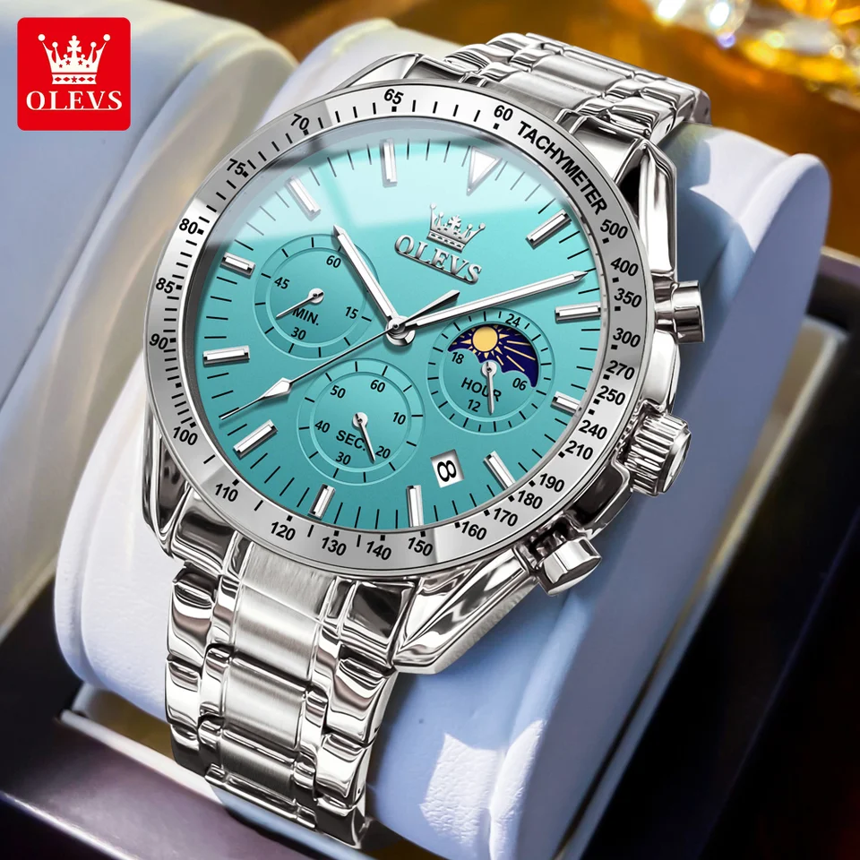 Olevs 3618 Original Quartz Watch for Men z nehrdzavejúcej ocele vodotesná fáza mesiaca Chronograf kalendár Multifunkčné pánske hodinky