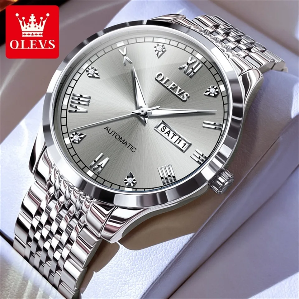 OLEVS 6602 Rímska stupnica Nerezová oceľ Mechanické hodinky pre mužov Duálny kalendár Klasický automatický náramok Witerproof Man Watch