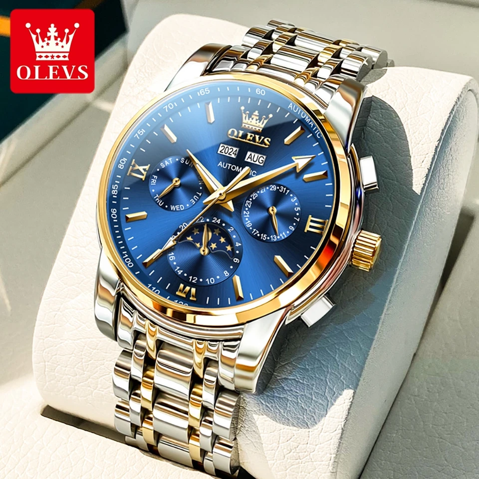 Olevs 6633 Mesiac Fázová fáza Mechanické hodinky Móda vodotesný časový kód Displej Classic Business Watch Men Luxusná top značka