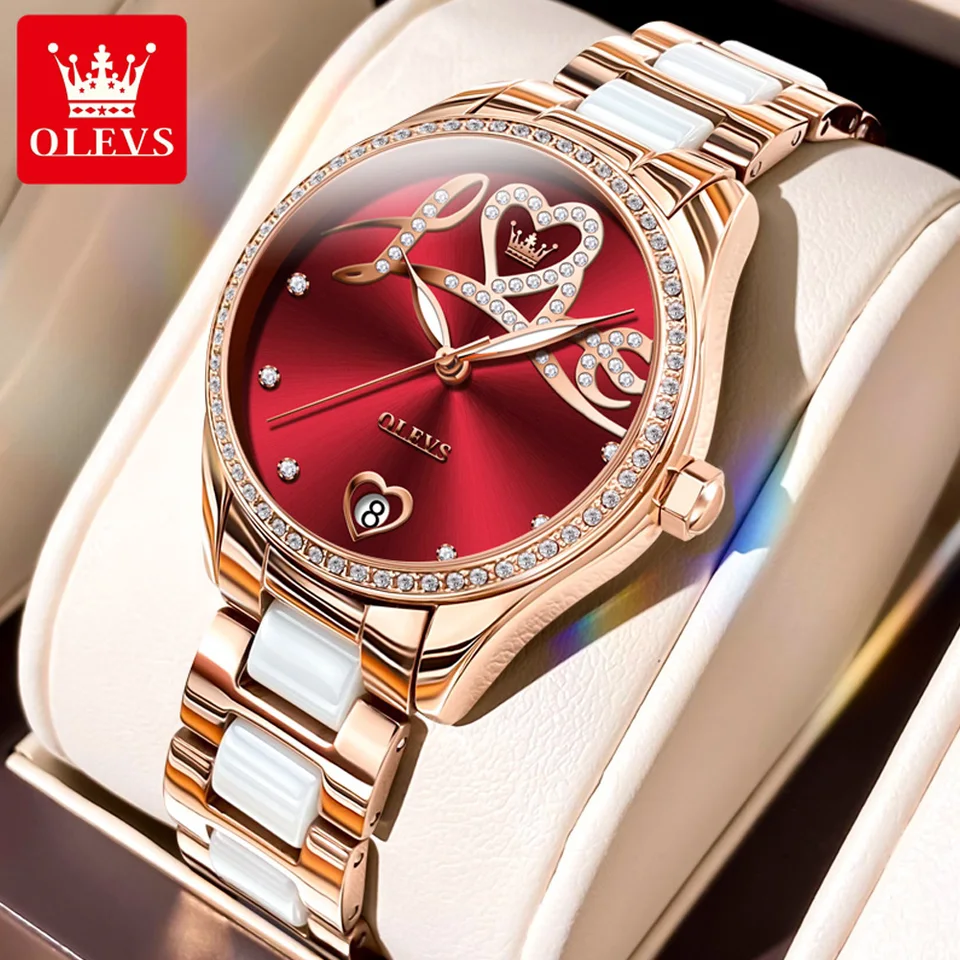 Olevs 6686 Luxusné dámske hodinky Elegantné ružové zlato keramika remienok Automatické dátum Love Design Automatické mechanické dámske náramky