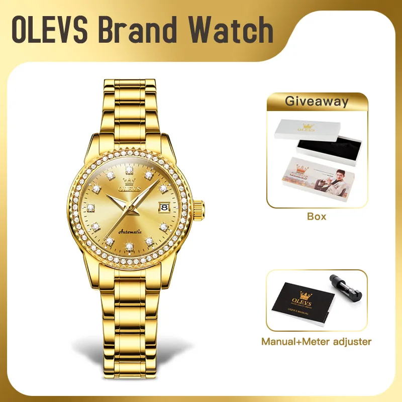 Olevs 7003 Dámske sledujú originálne automatické mechanické hodinky pre ženy šumivé diamantové vytáčanie vodotesný svetelný dátum reloj