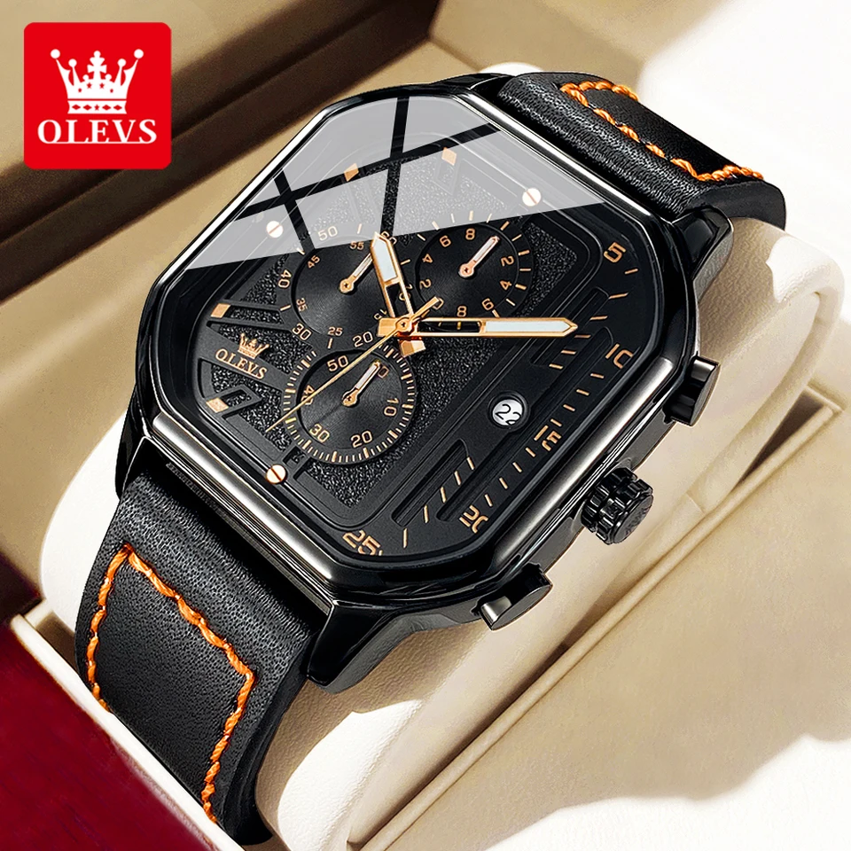Olevs 9950 Hodinky pre mužov Quartz chronograf kožené módne šaty hodinky Dátum vodotesného žiarivého príležitostného štvorca náramkové hodinky