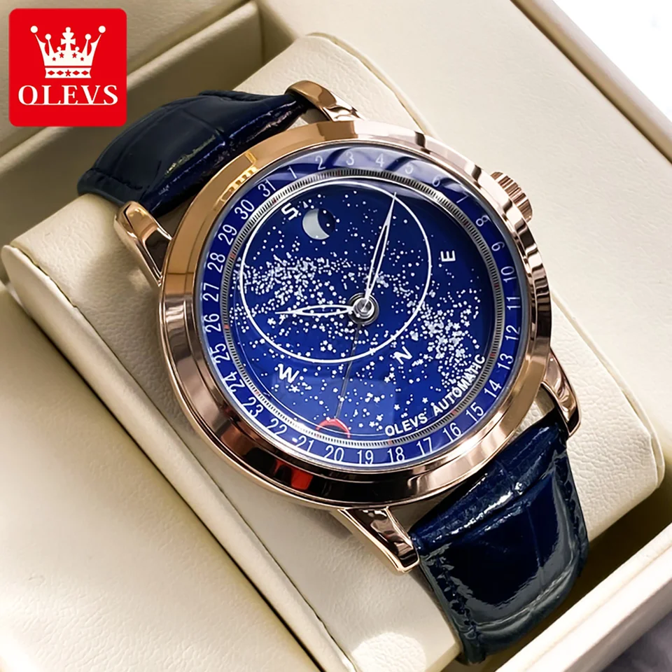 OLEVS Automatické hodinky pre mužov 43,5 mm hviezdne rotujúce svetelné svetlé kožené kožené remienok Top Brand Brand Wristwatch Mechanické pánske hodinky