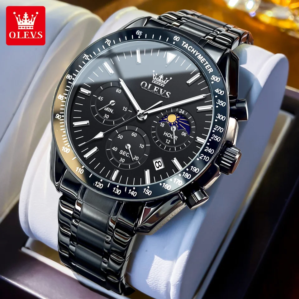 Olevs Original Brand Man Watch z nehrdzavejúcej ocele nepremokavá mesačná fáza chronograf Classic Quartz Wristwatch Men's Watch 2024 Nový