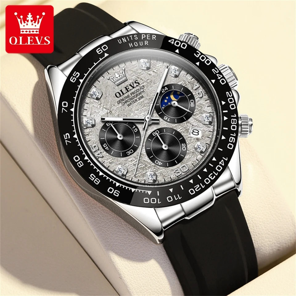 Olevs Pánske hodinky Klasické lunárne fáza Silikón Diamond Witerproof Luminát Quartz Watch Fashion Časový kód hodinky Pánske hodinky