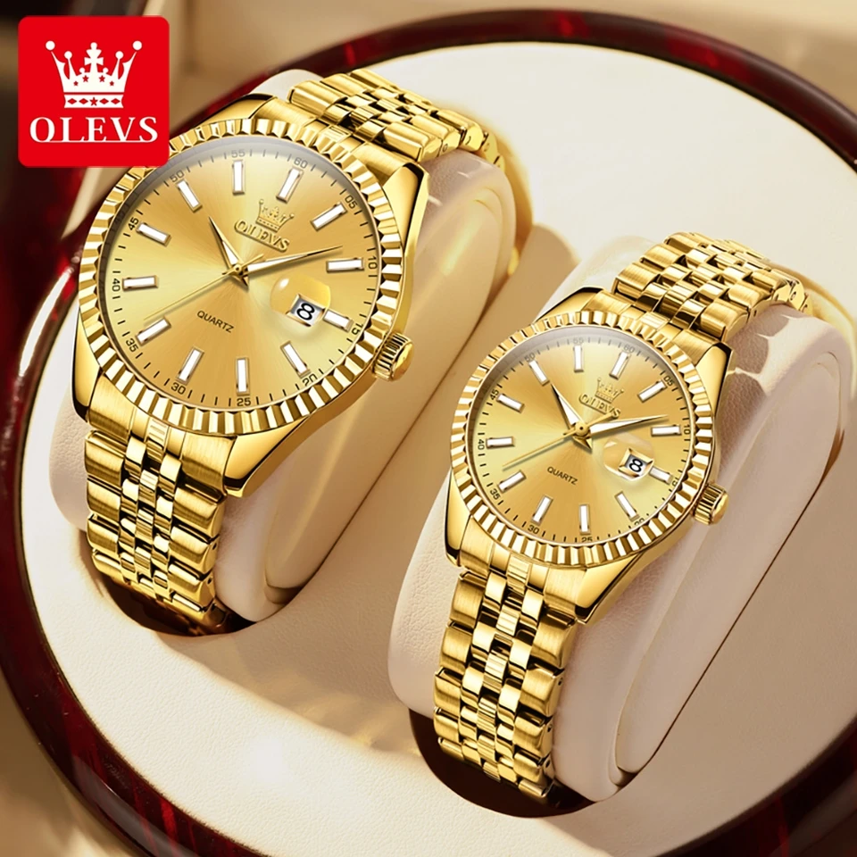 Olevs pár sleduje zlatú z nehrdzavejúcej ocele Strap Quartz Sledujte jeho a jej kalendár romantický milenec originálny luxusný muž a žena