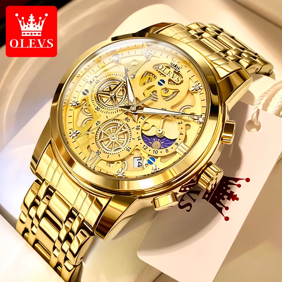 Olevs Top Brand Men's Watches Luxusný originálny vodotesný Quartz Watch for Man Gold Skeleton Style 24 hodinová fázová fáza Denná noc