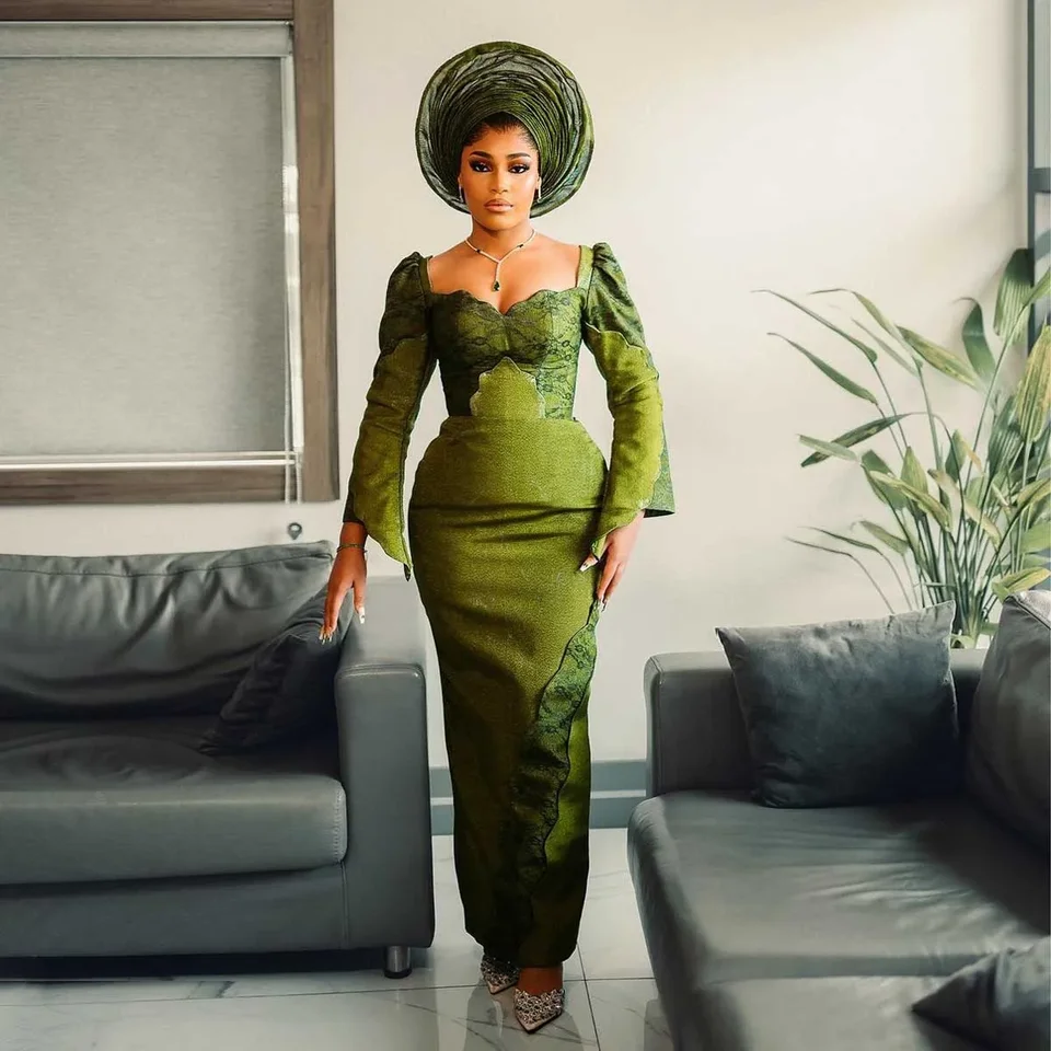 Olive zelené večerné šaty Abendkleider Abendkleider Aso Ebi Prom šaty na celom rukáve nádherné africké dlhé plesové šaty Vestidos Largos