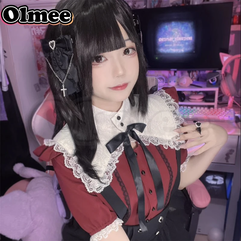 [Olmee] V zásobe červené víno Jirai kei čipka tričko ame chan cosplay sladký ryousan gata lolita mine štýl y2k potrebné dievča predávkovanie