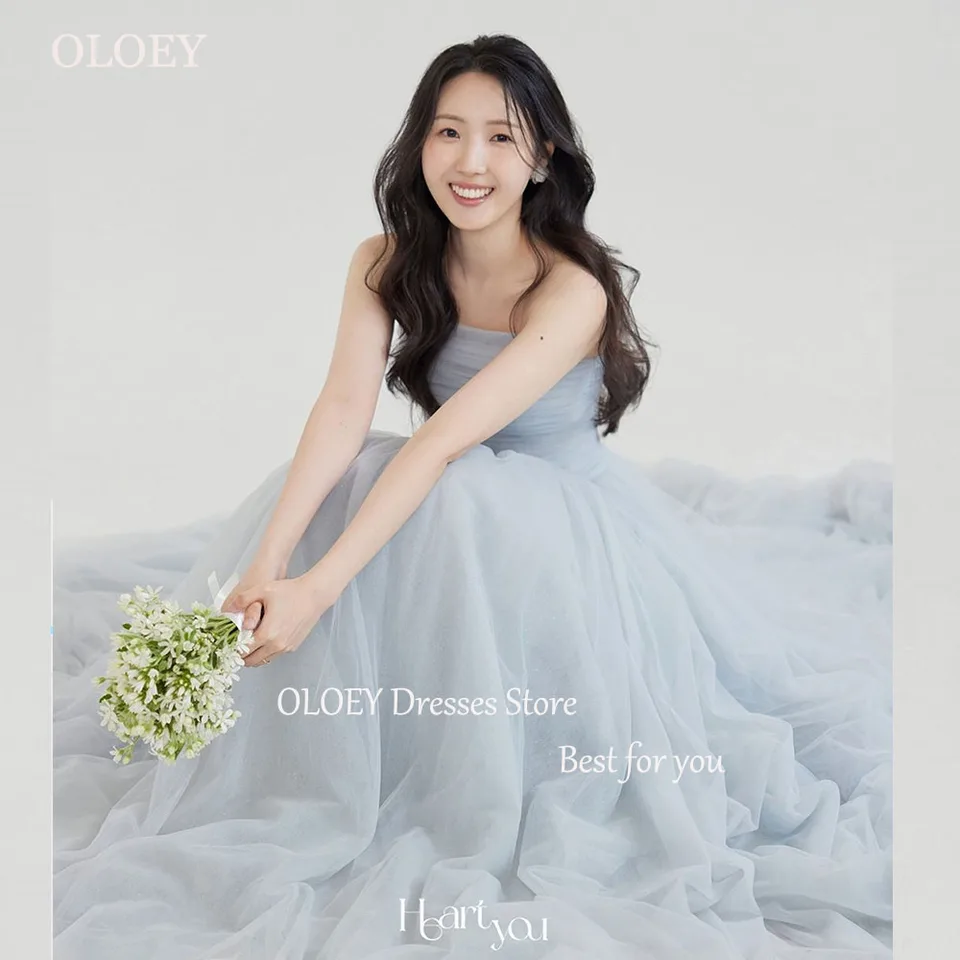 Oloey Sky Blue Kórea Svadobné šaty bez ramienok A-line Jednoduché elegantné svadobné šaty