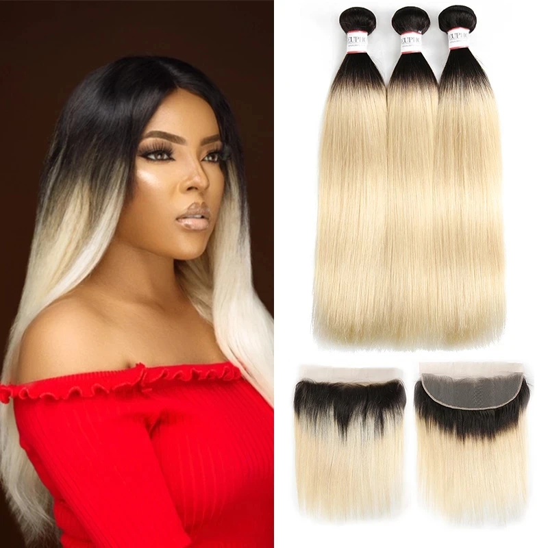 Ombre blondínka rovné zväzky s čelným medom 1B 613 Brazílske remy ľudské vlasy
