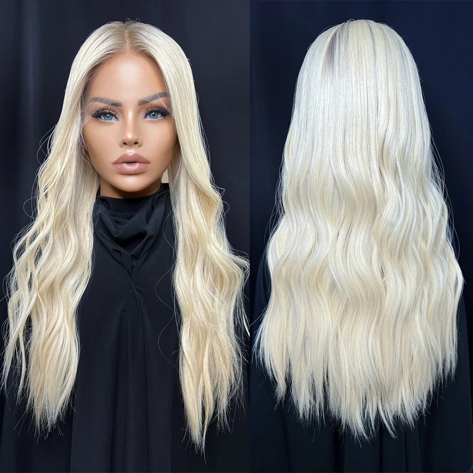 Ombre Platinum Blonde vlasy plné čipky parochňa 100% panenské ľudské vlasy 28 ”koreňová blondínka dlhá zvlnená čipka predná parochňa 13x6