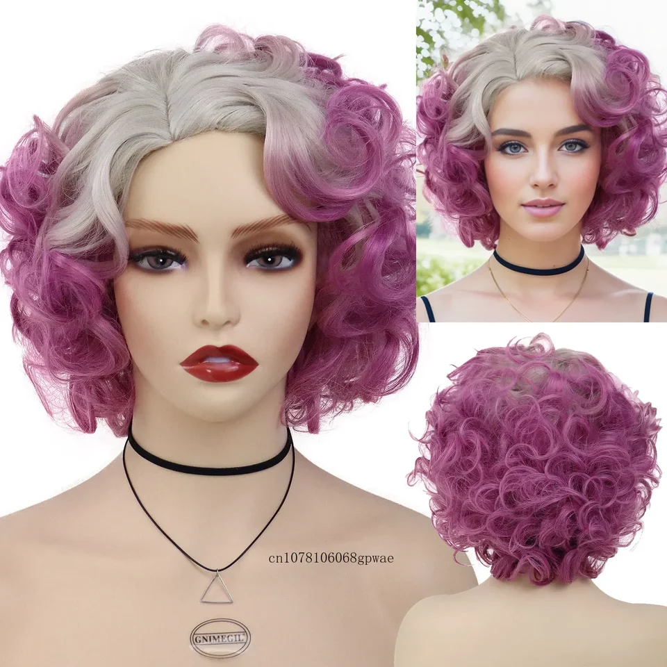 Ombre tmavo ružové cosplay parochne syntetické krátke veľké kučeravé parochňa pre ženy prírodovedecké párty Halloween kostým parochne odolné voči tepelne