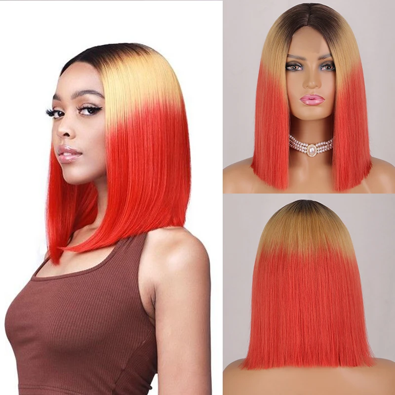 Ombre červená bobová parochňa pre ženy krátke priame stredné parochne parochne Cosplay Party Syntetický tepelne odolný