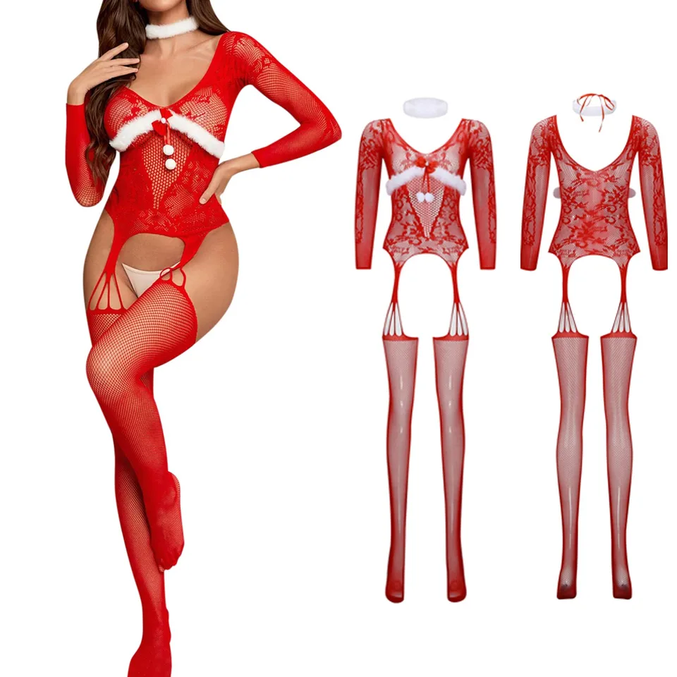 Onesie Bodysuit Hot Red Baby Dolls 2024 Vianočné dámske mriežky Otvorené rozkrokové pančuchy